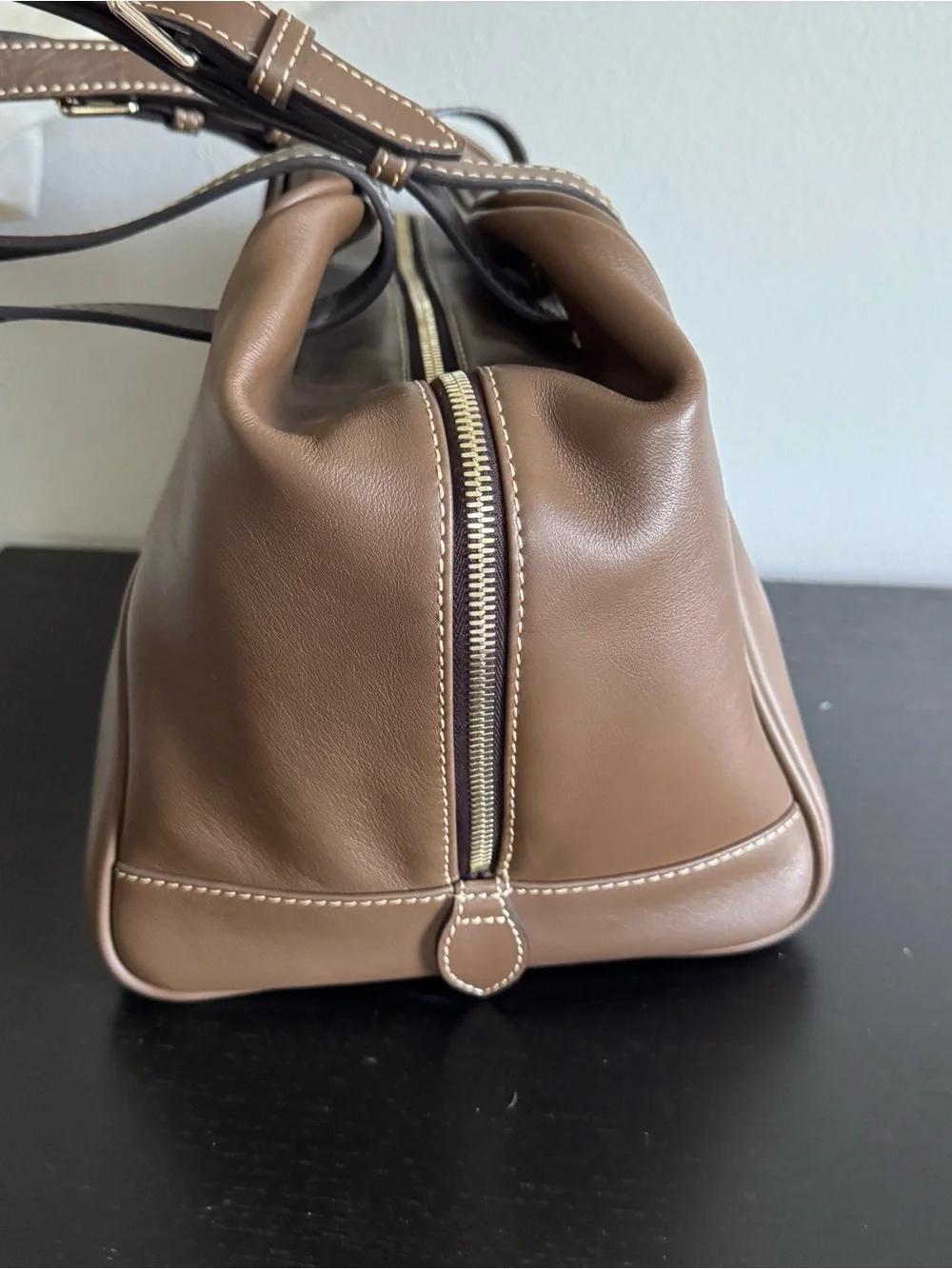 Dooney & Bourke Nubuck Leather Zip Grommet Satchel Bag Mushroom Minimalist